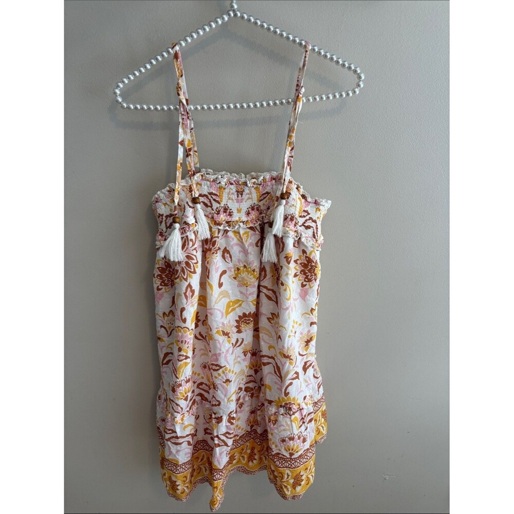 Jessica Simpson Boho Floral Dress Womens Large L Cotton Smocked Tassel Sundress